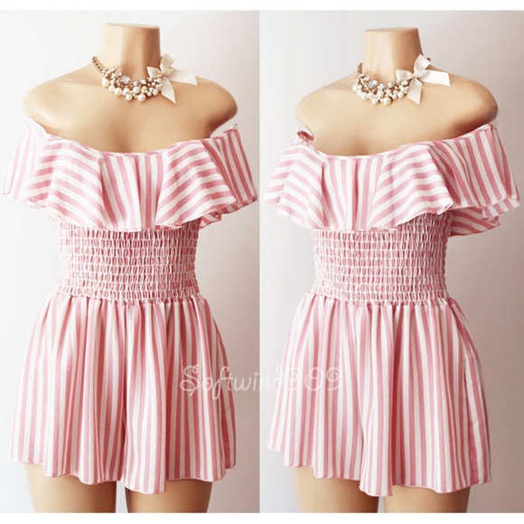 Last One☝️ Pink Striped Off Shoulder Ruffle Romper - Picture 2 of 8